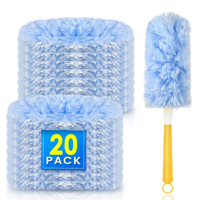 Eine Packung von 20 blauen elektrostatischen Staubentferner-Puffs mit gelbem Griff.