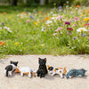A set of cute healing cat figurines in various colors and patterns lying on a light surface amidst green foliage.