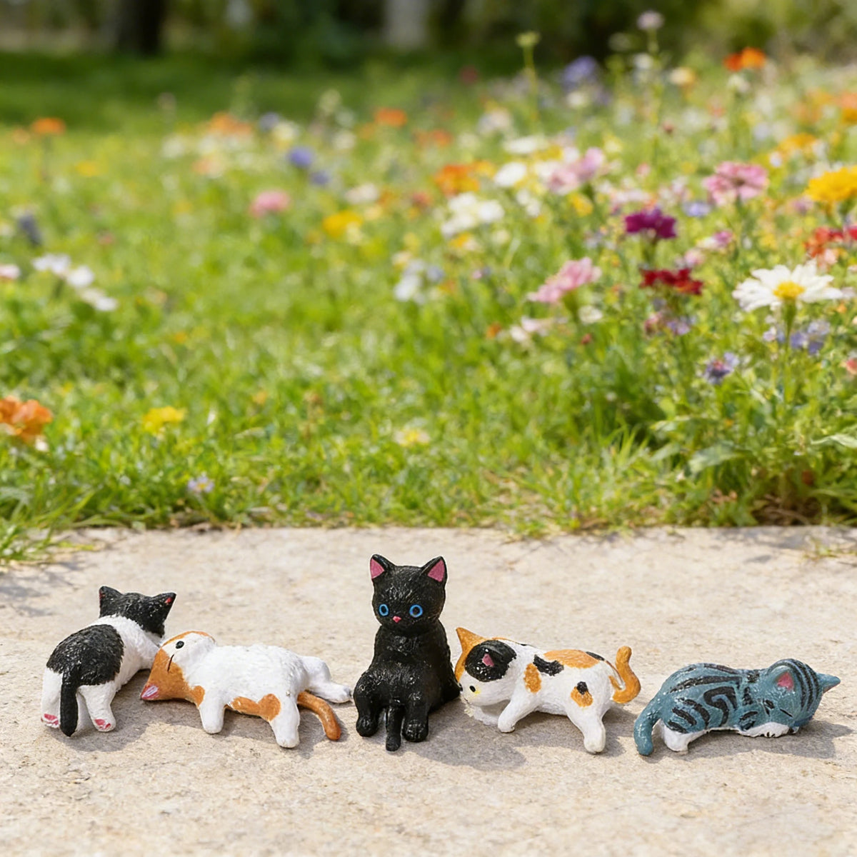 A set of cute healing cat figurines in various colors and patterns lying on a light surface amidst green foliage.