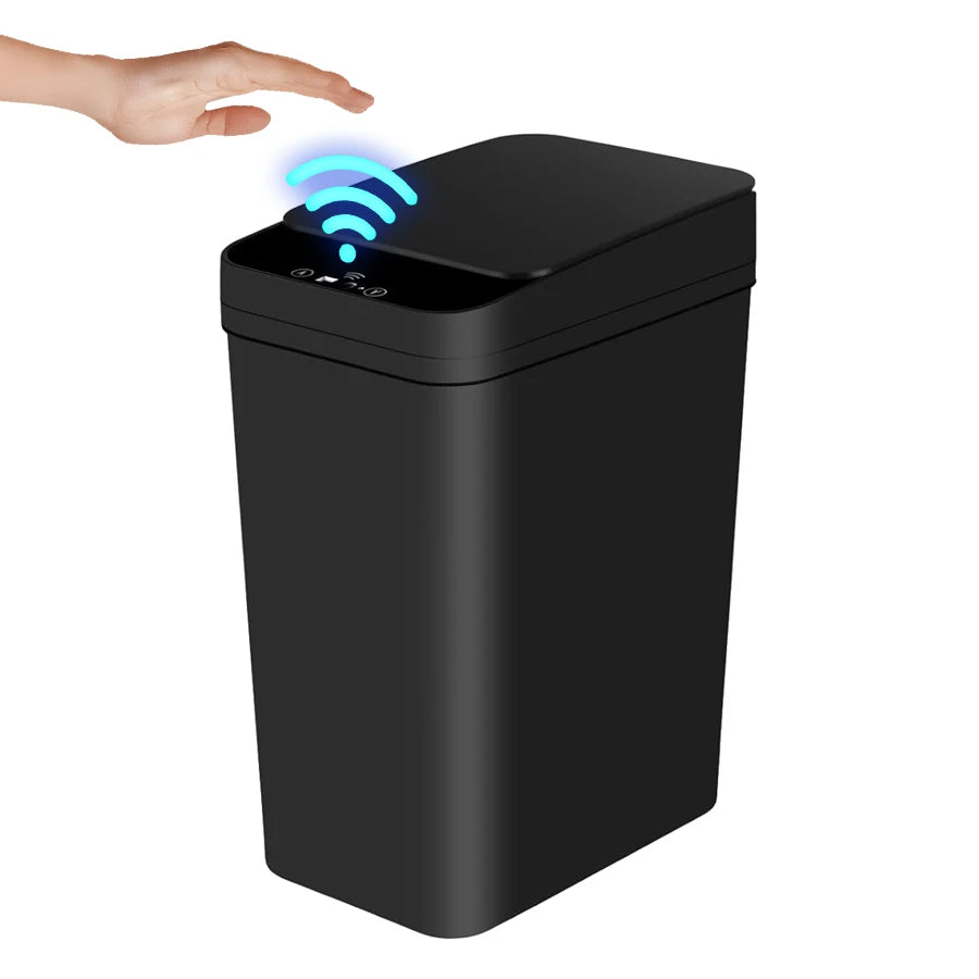 A black automatic motion sensor trash can with a blue Wi-Fi signal indicator.