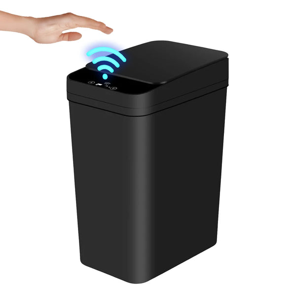 A black automatic motion sensor trash can with a blue Wi-Fi signal indicator.