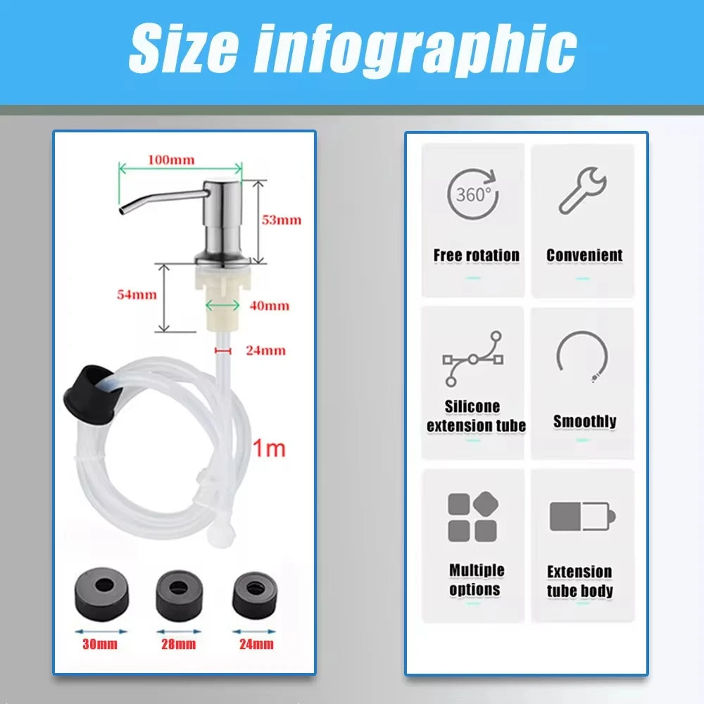 Diagram showing a stainless steel liquid soap dispenser pump with various sizes and an extension tube.