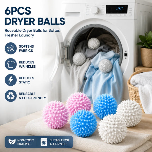 A collection of six reusable silicone dryer balls in various colors are displayed next to a washing machine.