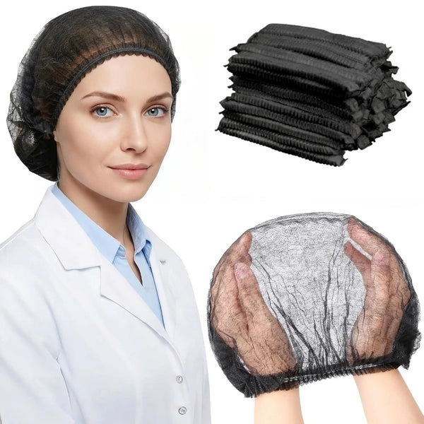 A woman wearing a white lab coat is shown next to disposable non-woven bouffant hair nets in black and a loose mesh net.