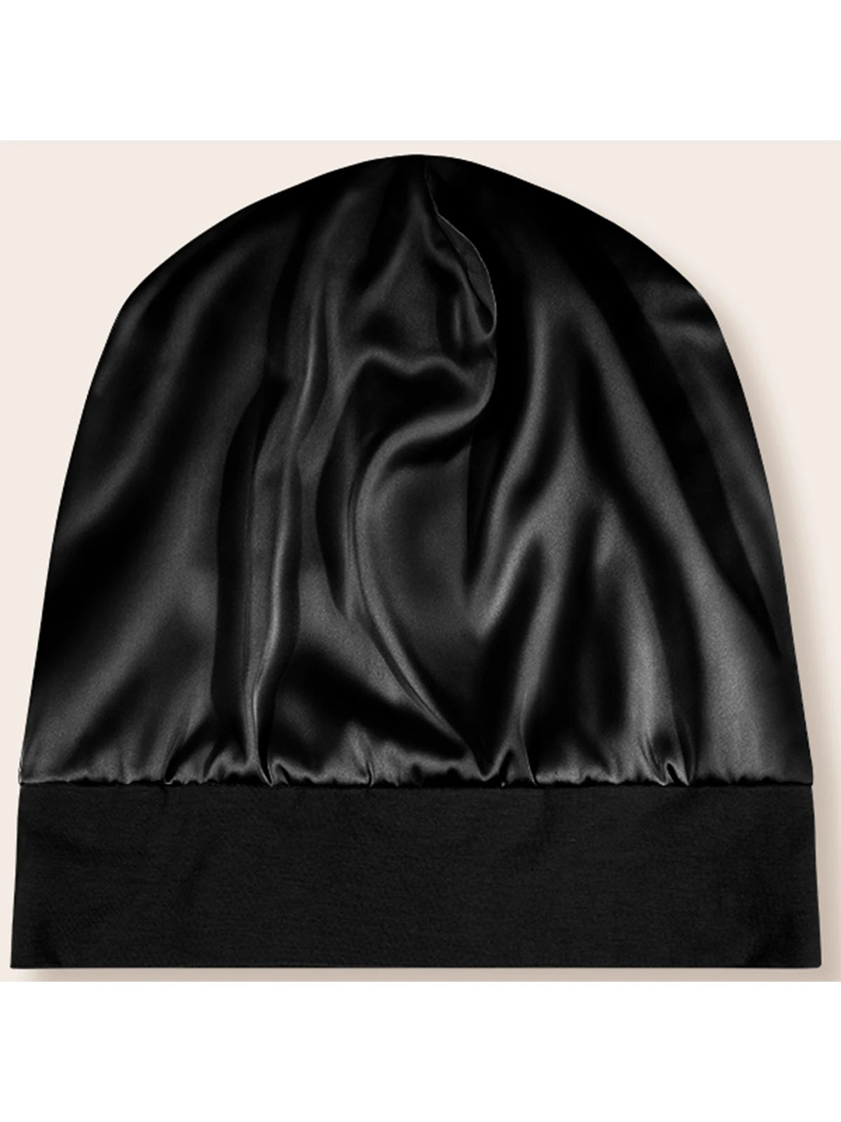 Black satin sleep bonnet with a gathered top and a solid black band.
