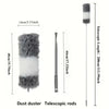 A gray and white dust duster with a telescopic rod shown next to its dimensions.