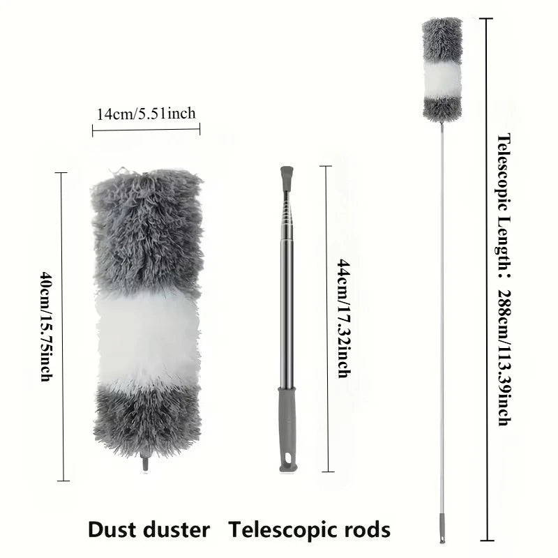 A gray and white dust duster with a telescopic rod shown next to its dimensions.