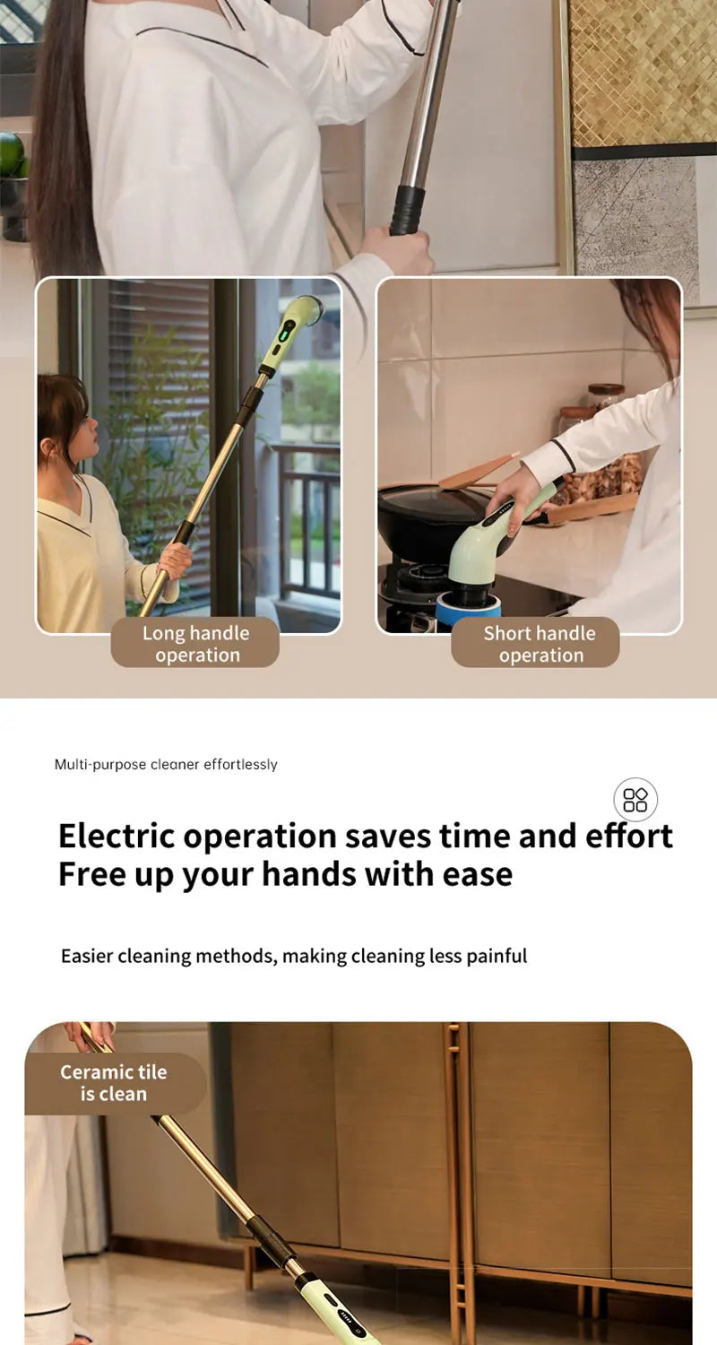 A person is using an electric spin scrubber with various brush heads for cleaning a surface.