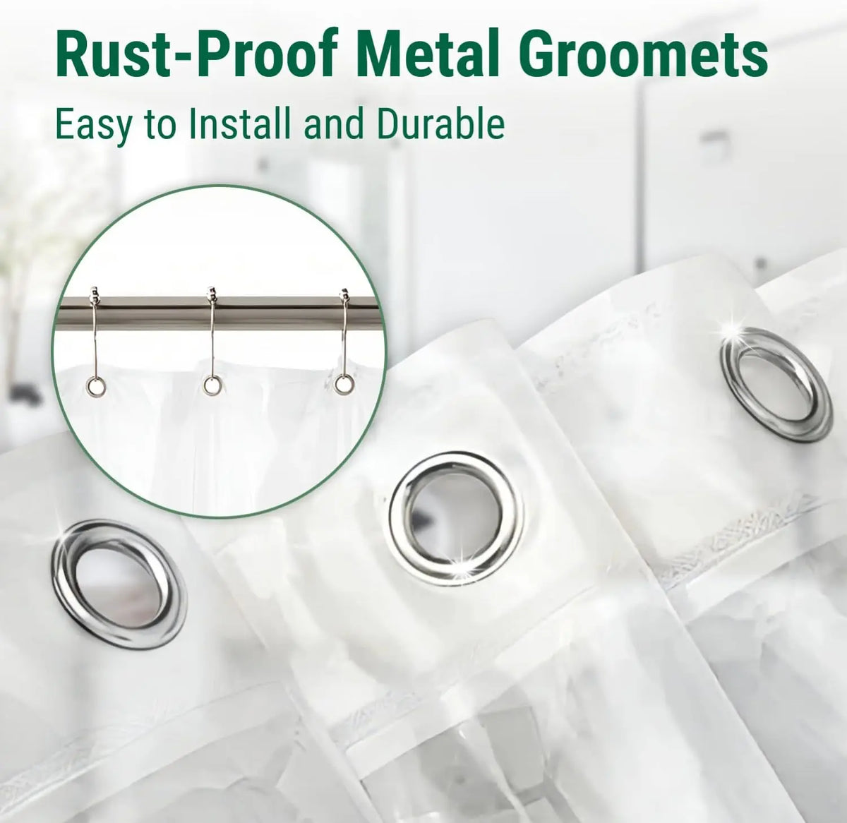 Close-up of a waterproof PEVA shower curtain liner with weighted magnets and metal grommets.