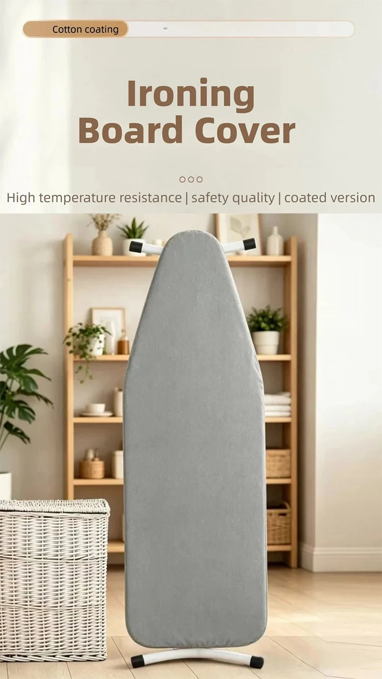 A gray ironing board cover with an elastic edge is shown standing in front of a wooden shelf.