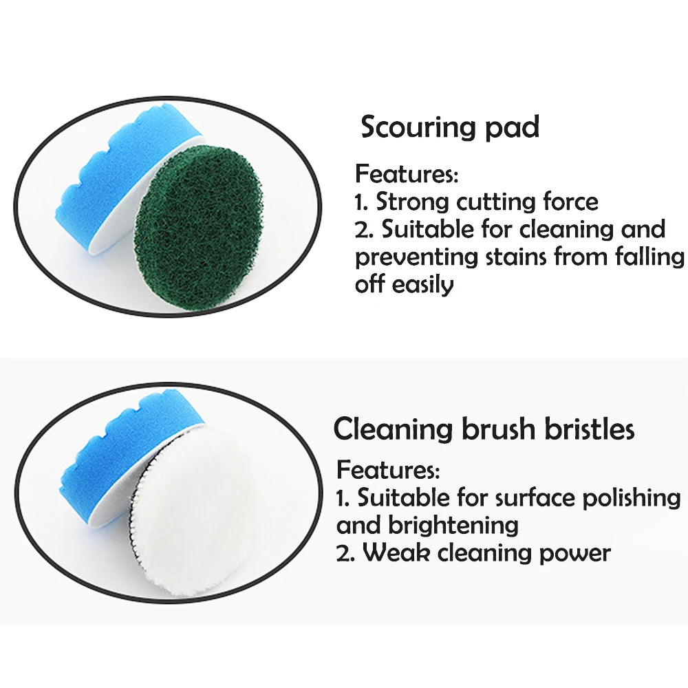 A set of three cleaning brush heads including a scouring pad, a sponge, and a polishing disc.