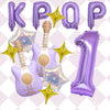 A set of purple balloons shaped like letters and numbers, including a large number one and guitars with golden star accents.