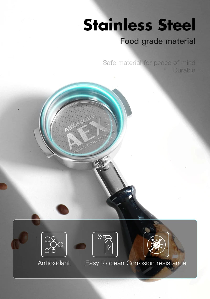 Portafiltro de café de acero inoxidable con acento azul, diseñado para máquinas de espresso.
