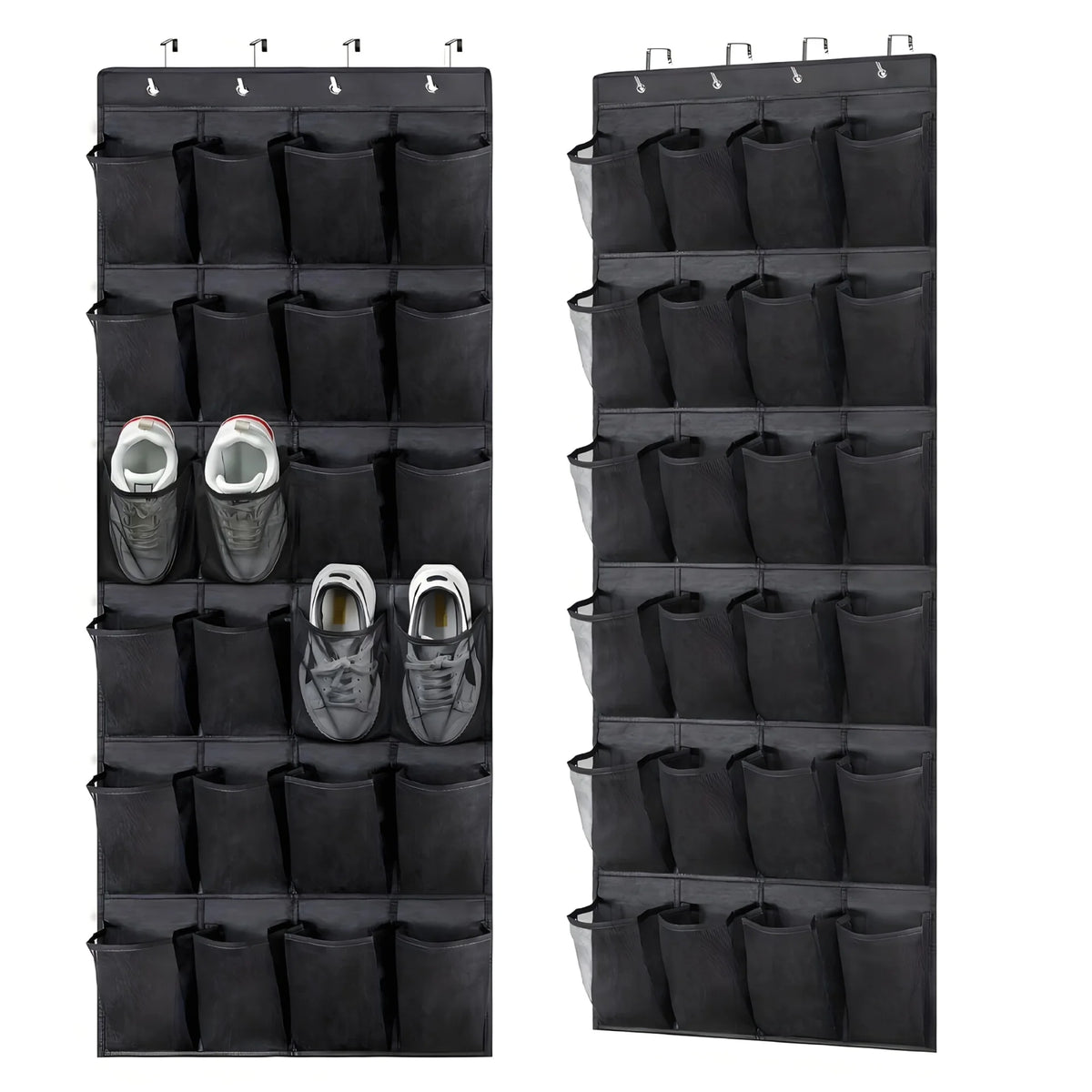 Schwarzer Schuhaufbewahrungshalter mit mehreren Fächern für Schuhe.