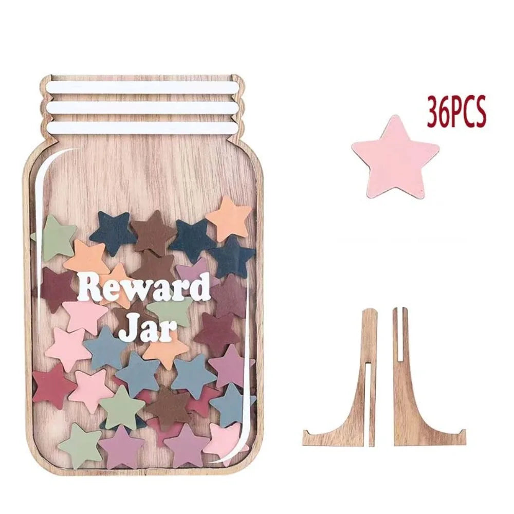 A wooden behavior reward jar with 36 star-shaped wooden pieces for rewards.