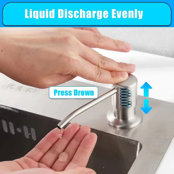 A hand is pressing a stainless steel liquid soap dispenser pump to discharge liquid evenly.