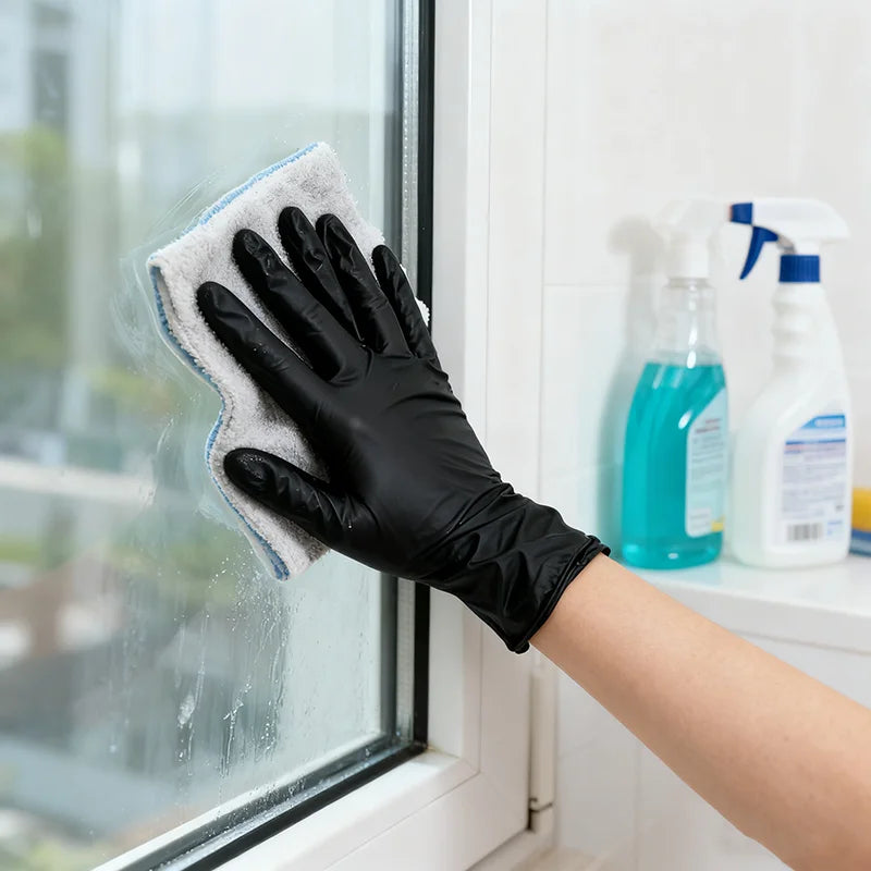 A hand wearing a black nitrile cleaning glove is wiping a window with a white sponge.