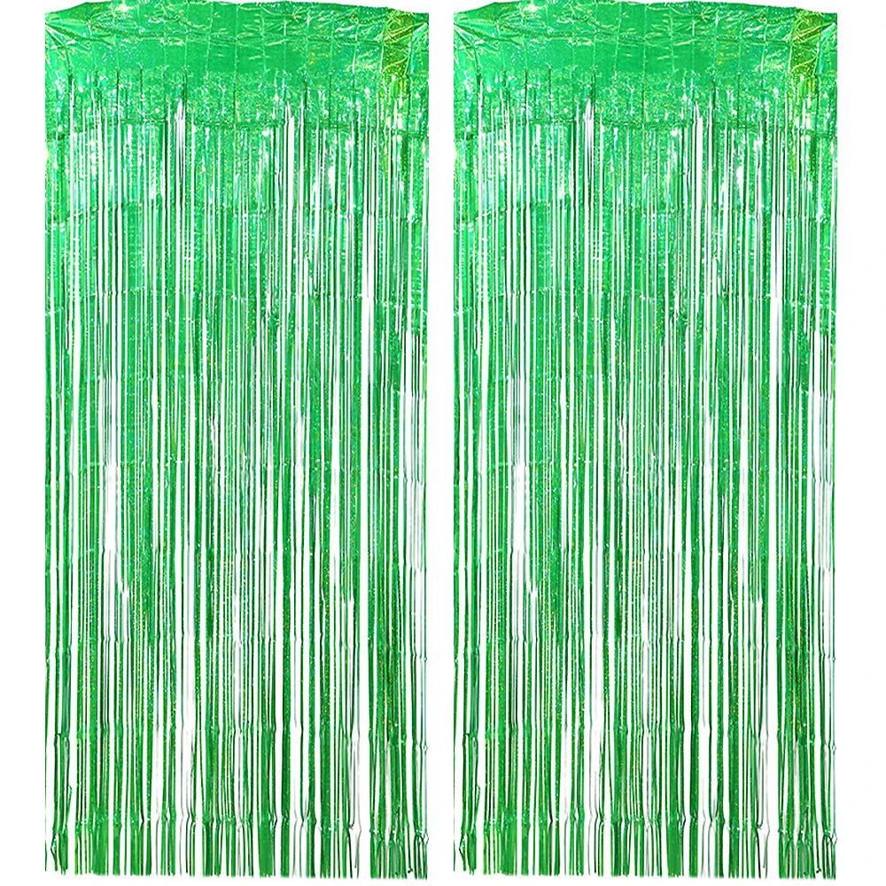 Green foil tinsel fringe curtain backdrop set with vertical strands