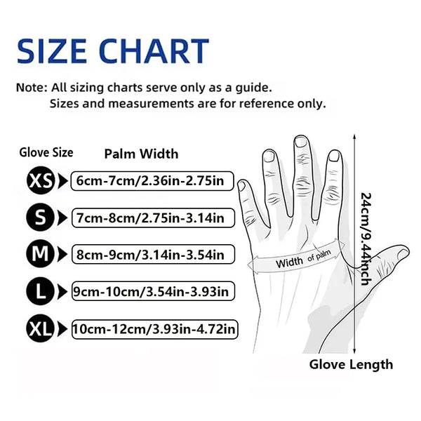 Size chart showing glove sizes XS to XL with corresponding palm widths and glove lengths.