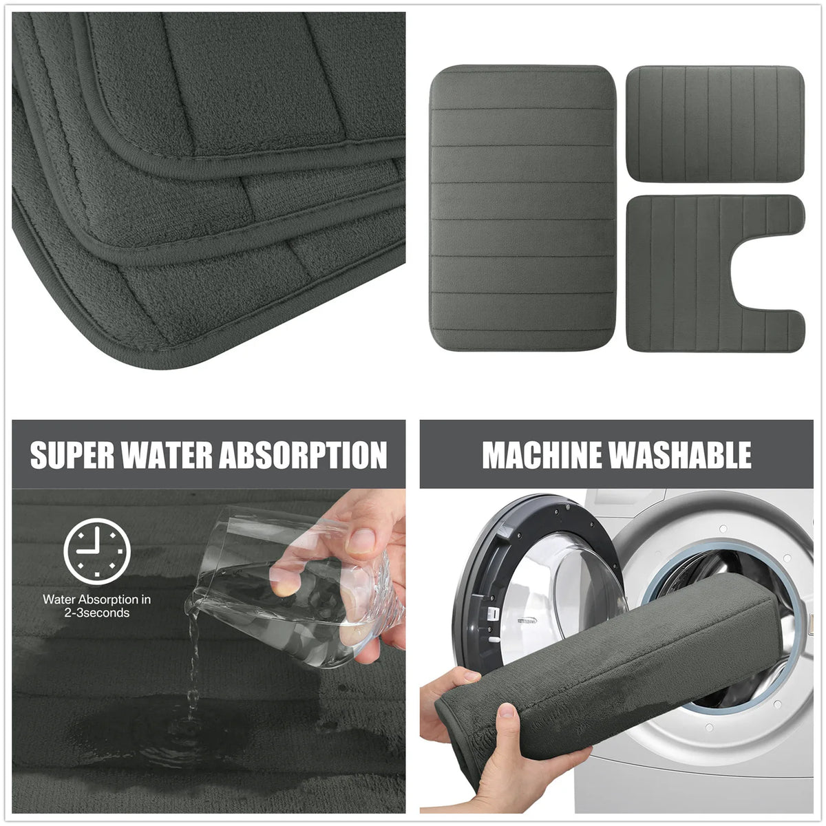 A set of three gray memory foam bathroom rugs, including a rectangular mat and an irregular shape, demonstrating super water 