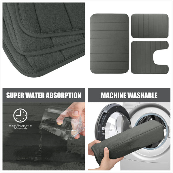 A set of three gray memory foam bathroom rugs, including a rectangular mat and an irregular shape, demonstrating super water 