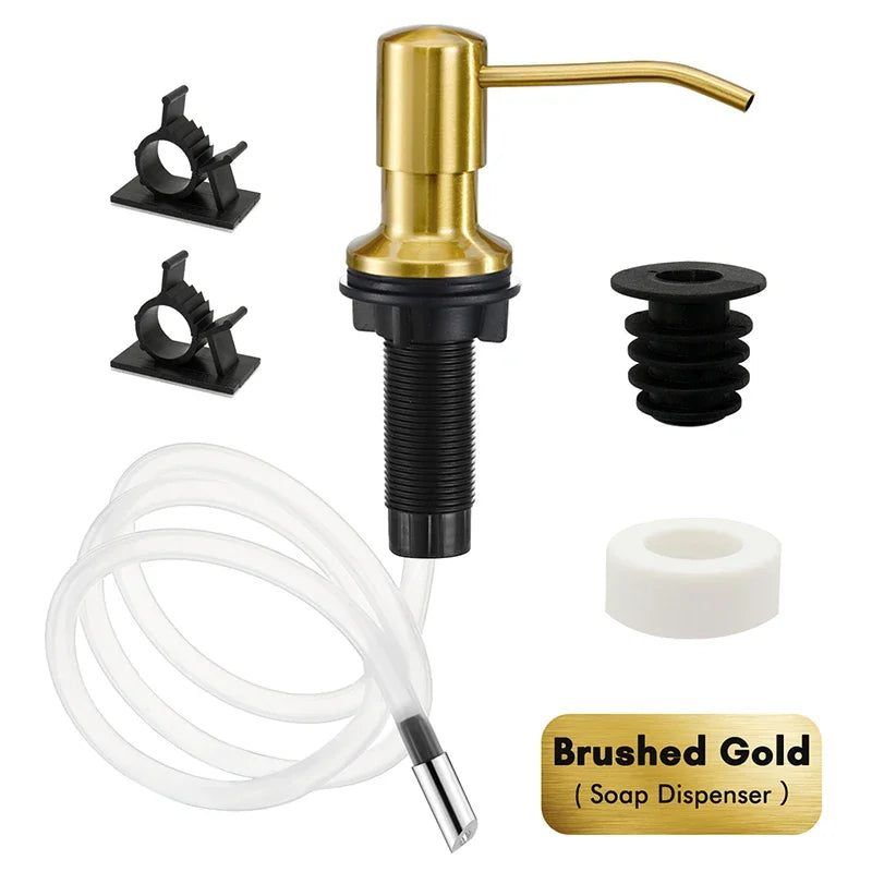 A brass liquid soap dispenser featuring a pump mechanism and a clear silicone tube for dispensing soap.