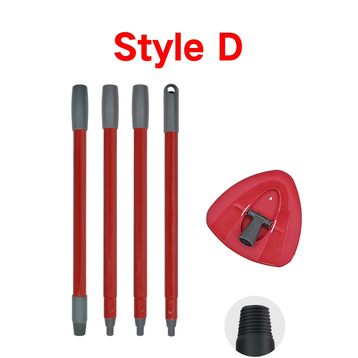 Set of three red mop handles and a red mop head with a black attachment shown against a white background