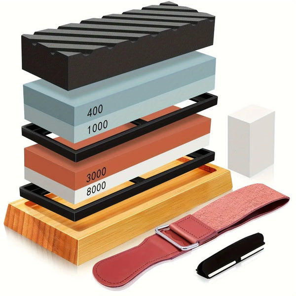 A professional multi-grit knife sharpening kit showing stacked sharpening stones and a leather sharpening strop.