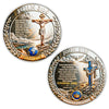 A commemorative coin featuring John 3:16 with a cross and globe imagery.