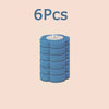A set of six blue reusable toilet cleaning brushes stacked vertically.