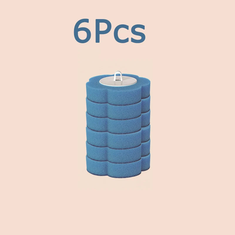 A set of six blue reusable toilet cleaning brushes stacked vertically.