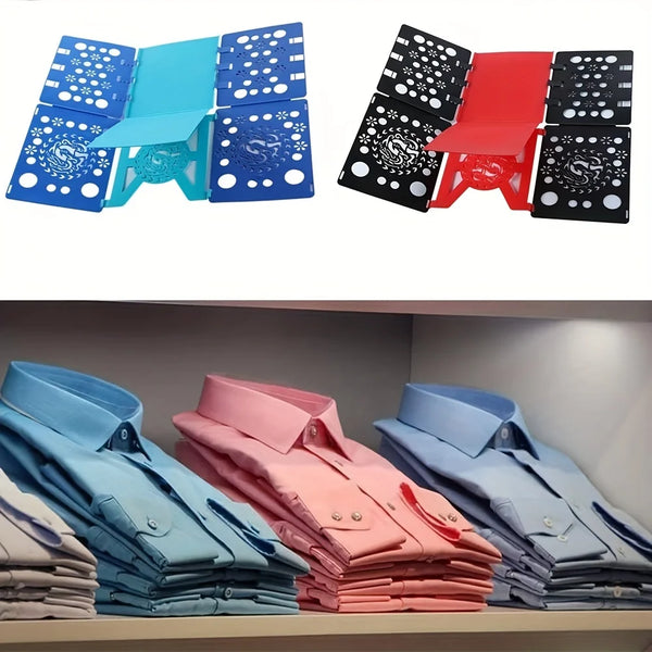 A set of adjustable plastic clothes folding boards in blue and red colors displayed on a shelf.