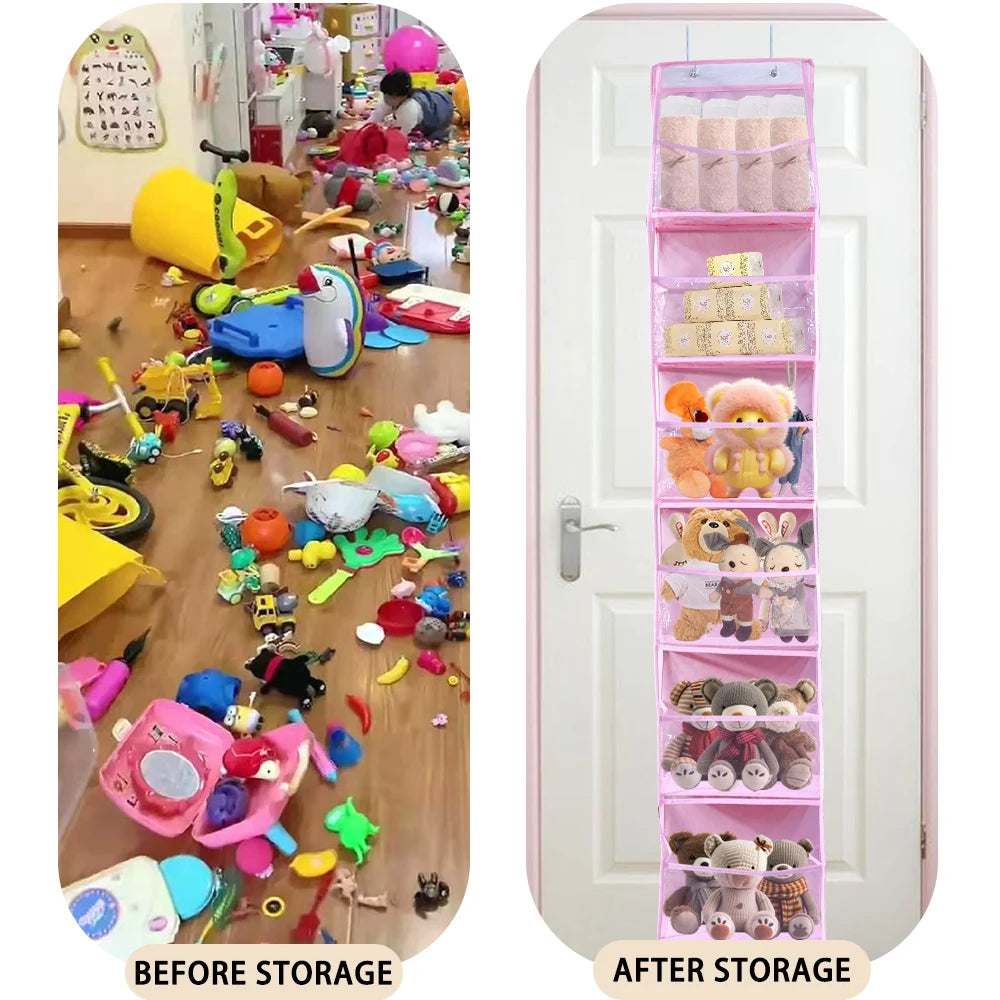 Before and after comparison of an over-the-door fabric storage organizer with multiple pockets.