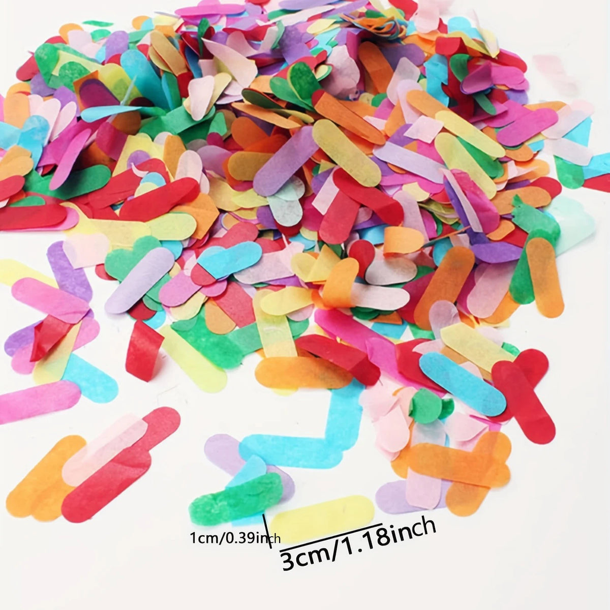 A pile of colorful confetti pieces in various shades including pink, green, yellow, and orange.