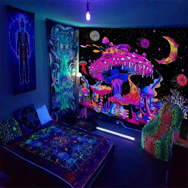 A dark room decorated with neon purple and green lighting featuring a large tapestry of fluorescent mushrooms on a television