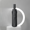 A black heavy duty automatic windproof umbrella standing upright against a light gray background.