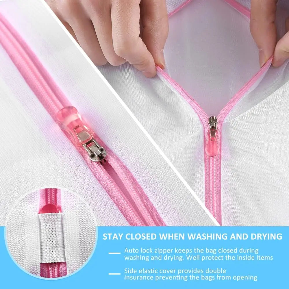 Close-up of a pink mesh laundry bag with a zipper, showing how to keep the bag closed during washing and drying.