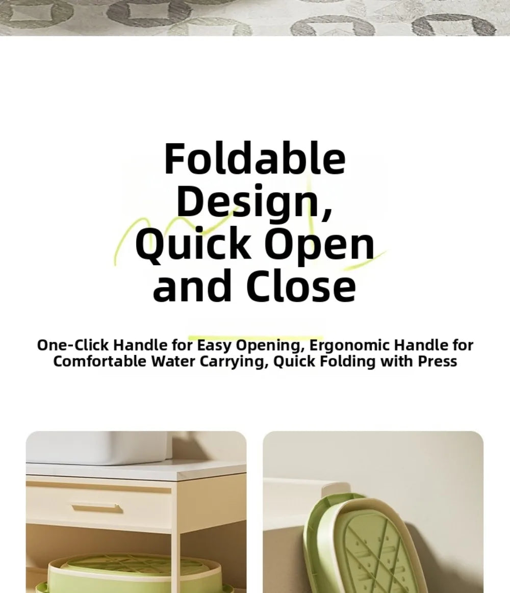 A portable foldable foot bath tub with a green lid is shown next to a light wood cabinet.