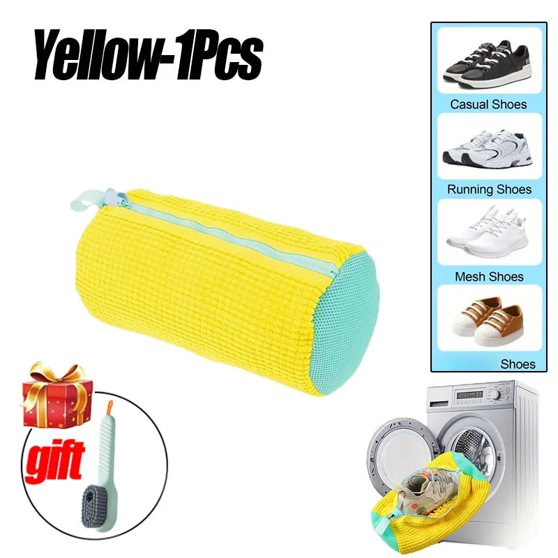Yellow 1 piece zippered laundry bag used for shoe cleaning and storage.