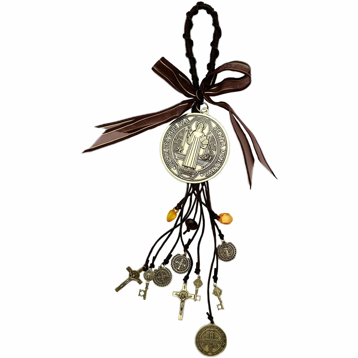 Antikes Silber-St. Benedikt-Medalcharm mit dunkelbraner Schleife und herabhängenden Anhängern