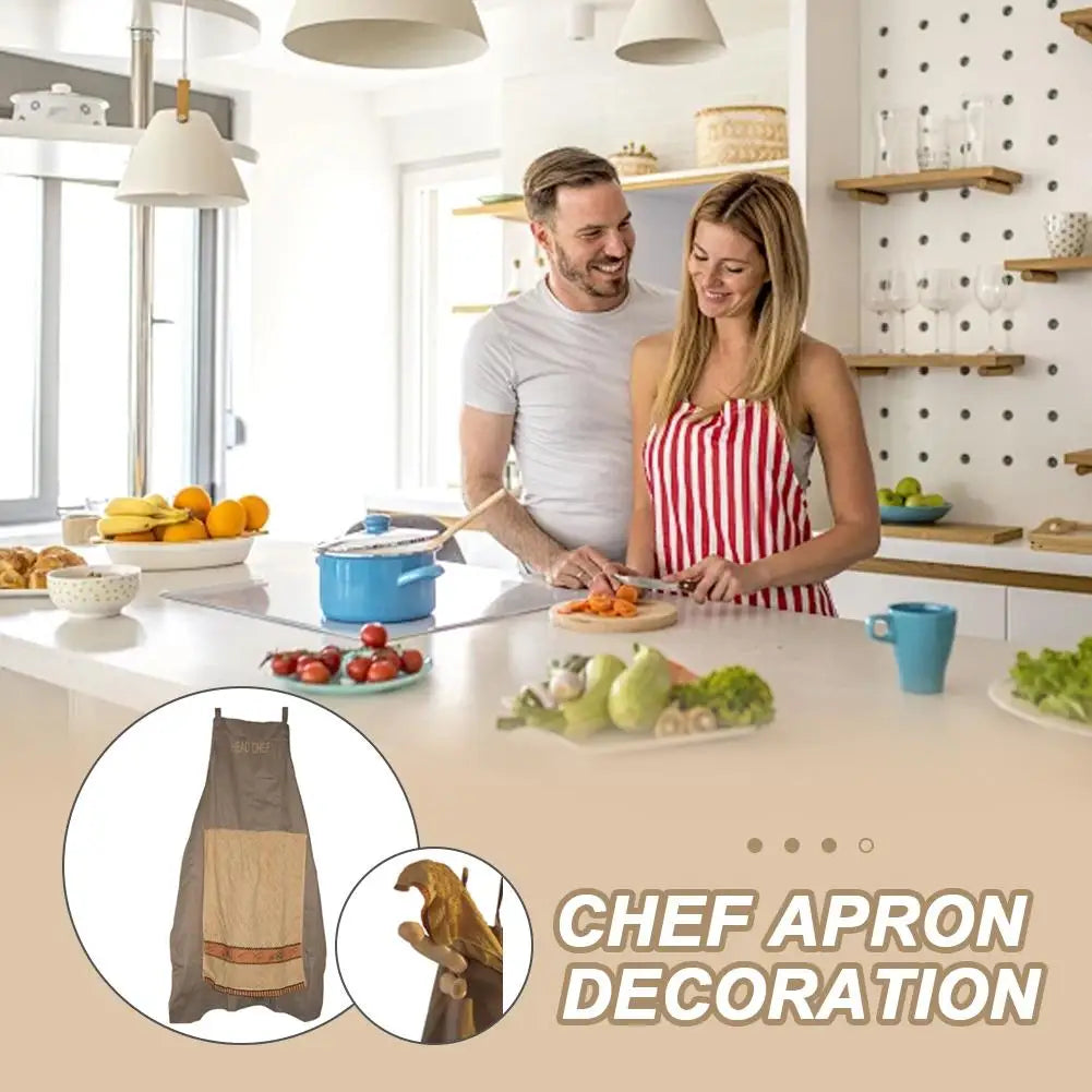 A woman wearing a red and white striped apron is cooking in a bright kitchen setting.