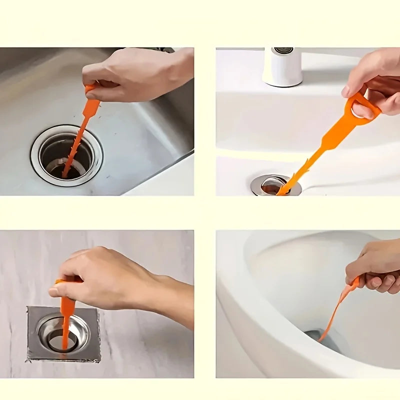 Un juego de cinco herramientas flexibles naranjas para limpiar desagües obstruidos.