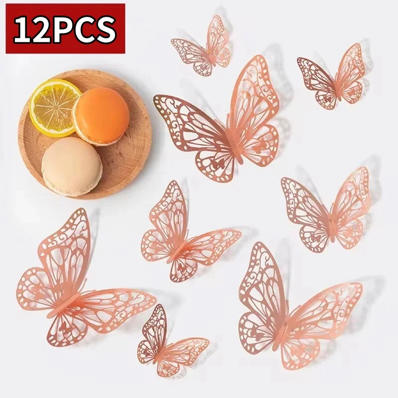 Twelve intricately cut, reddish-orange paper or cardstock butterflies displayed on a white background.