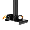 A black adjustable folding seat mount with an orange lever and brass fitting for an electric scooter.