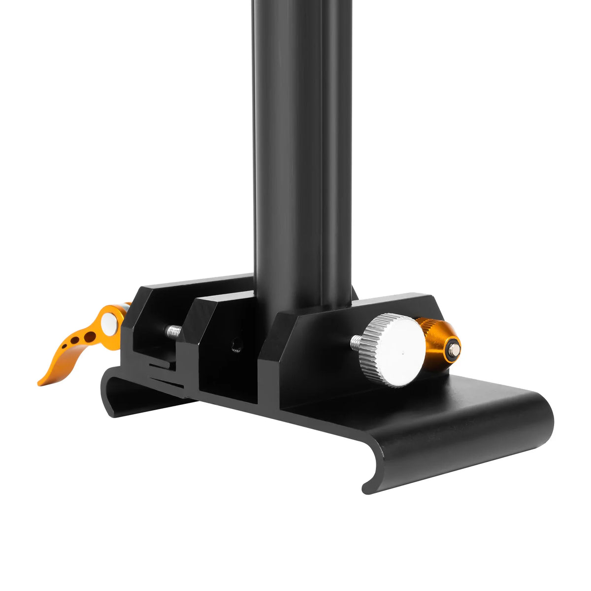 A black adjustable folding seat mount with an orange lever and brass fitting for an electric scooter.