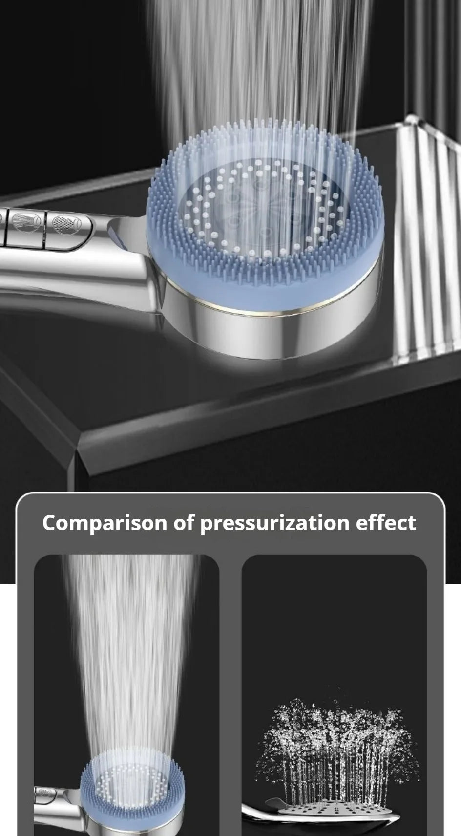 Gros plan d'une tête de douche à massage haute pression projetant de l'eau, démontrant l'effet de pressurisation.