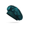 A dark teal satin sleep bonnet folded and displayed against a white background.