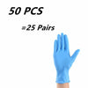 A hand wearing a light blue disposable nitrile glove is shown next to text indicating 50 pieces or 25 pairs.