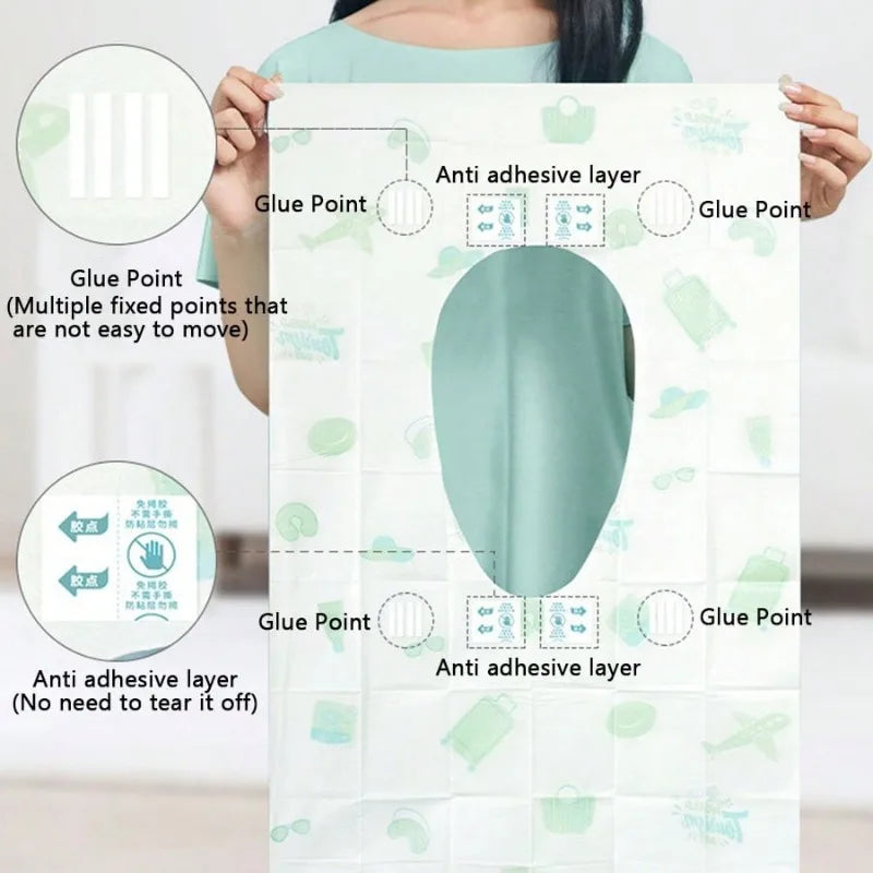 A set of disposable toilet seat covers featuring multiple glue points and an anti-adhesive layer.