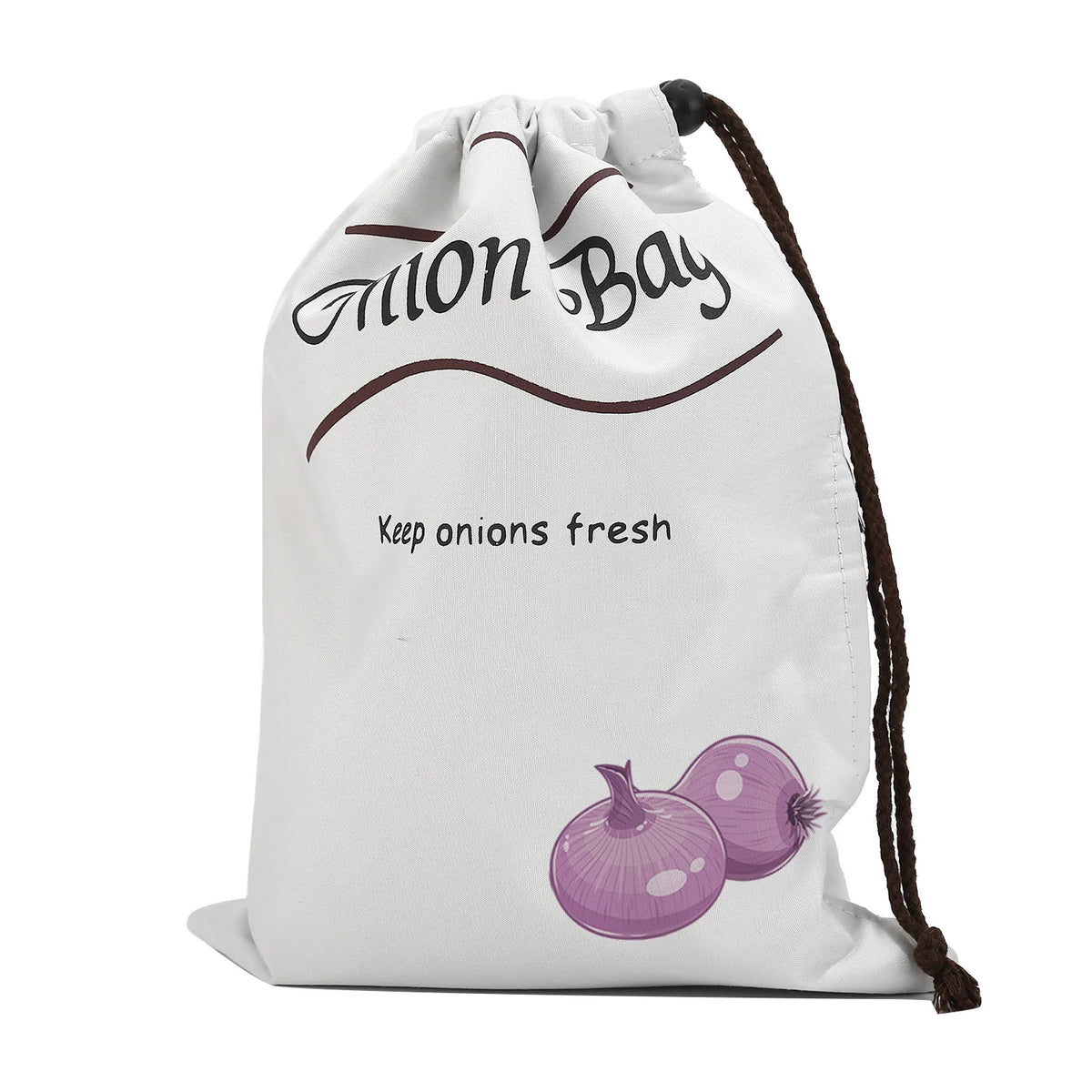 A white reusable drawstring storage bag with the text "Lion Bay" and the instruction "Keep onions fresh".